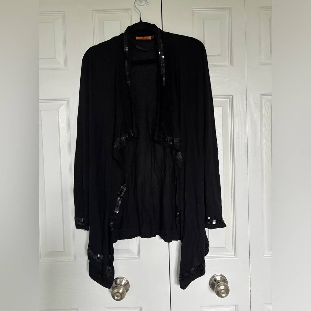 Belldini Black Sequin-Trim Open Cardigan